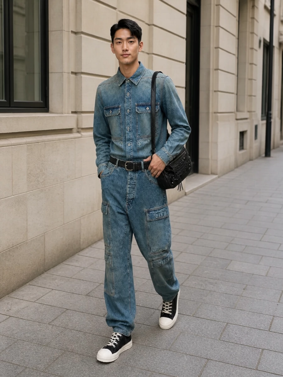 This look leans into a cohesive Rick Owens DRKSHDW denim story: the mid-wash shirt and washed cargo jeans create a tonal, utilitarian uniform with loose, easy movement. Black, hardware-heavy sneakers and a compact moto-shoulder bag sharpen the silhouette, while a minimal technical belt adds just enough structure at the waist to keep the volume intentional rather than sloppy.