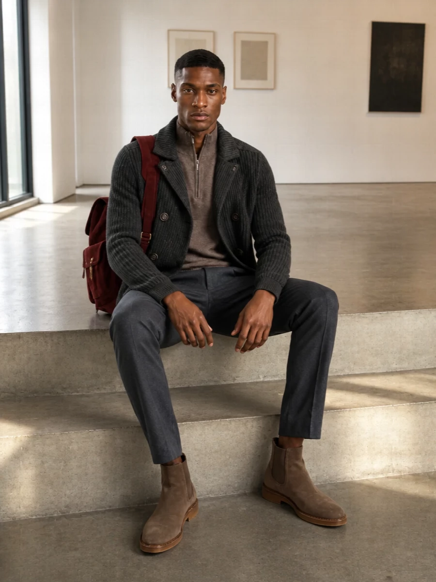 Charcoal, blue-grey and taupe sit quietly together here, giving the double-breasted knit coat a soft, city-ready frame. A high-rise pleated trouser and suede Chelsea boots keep the line clean, while the oxblood suede backpack introduces just enough depth and texture to feel considered rather than stark. It is relaxed, tailored and quietly assured for cold urban days that move from café to dinner without a change.