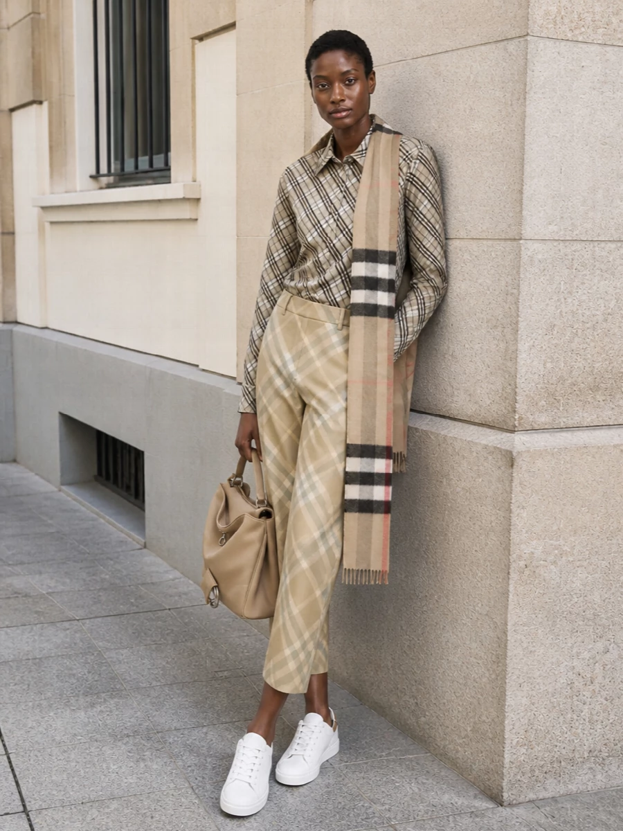 This look leans into Burberry’s heritage in a modern, quietly luxurious way: the diagonal-check shirt is paired with softly structured, high-rise cropped trousers in sun-faded camel checks for a polished yet relaxed silhouette. Clean white leather sneakers and a sculptural nude-beige Balenciaga top-handle keep the palette refined and the attitude city-ready, with the optional gauzy check scarf adding a whisper of extra texture rather than more pattern noise.