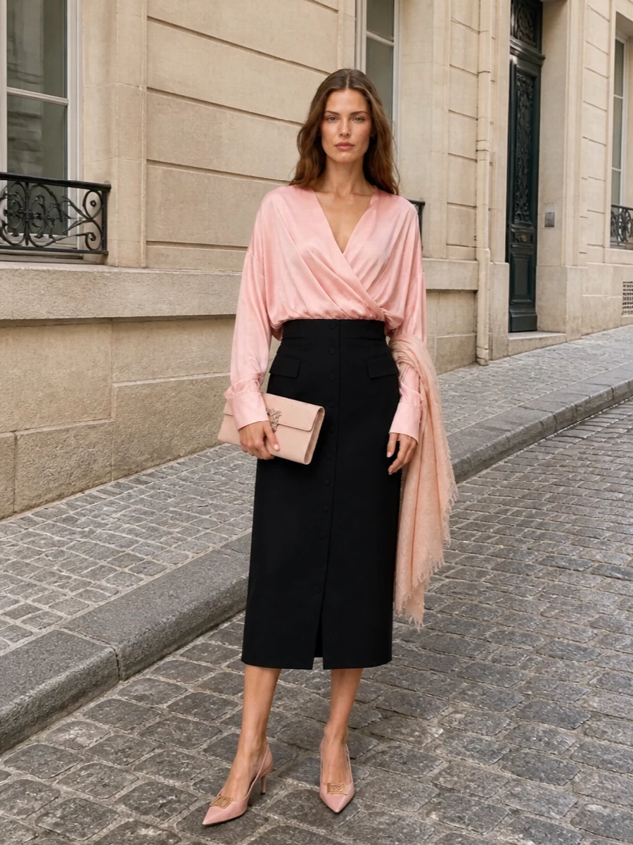 Dries van noten blush wrap blouse black midi skirt