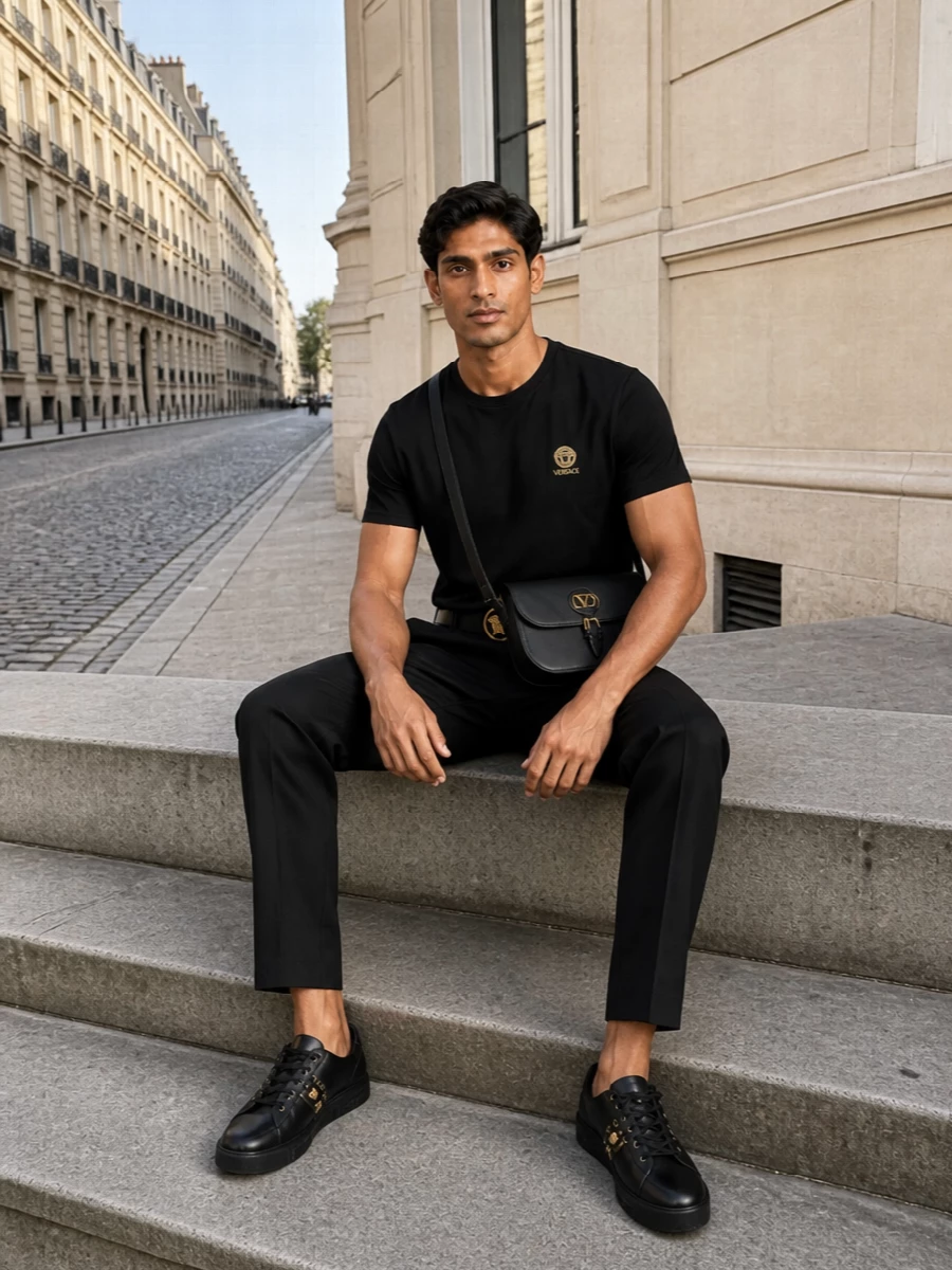Black Versace tailoring with a Medusa-crest tee and pleated trousers creates a clean, modern uniform in a single vertical line. Black sneakers with gold hardware and a structured leather crossbody keep the energy polished yet relaxed. A Medusa buckle at the waist reinforces the quiet black and gold story without tipping into overt branding.