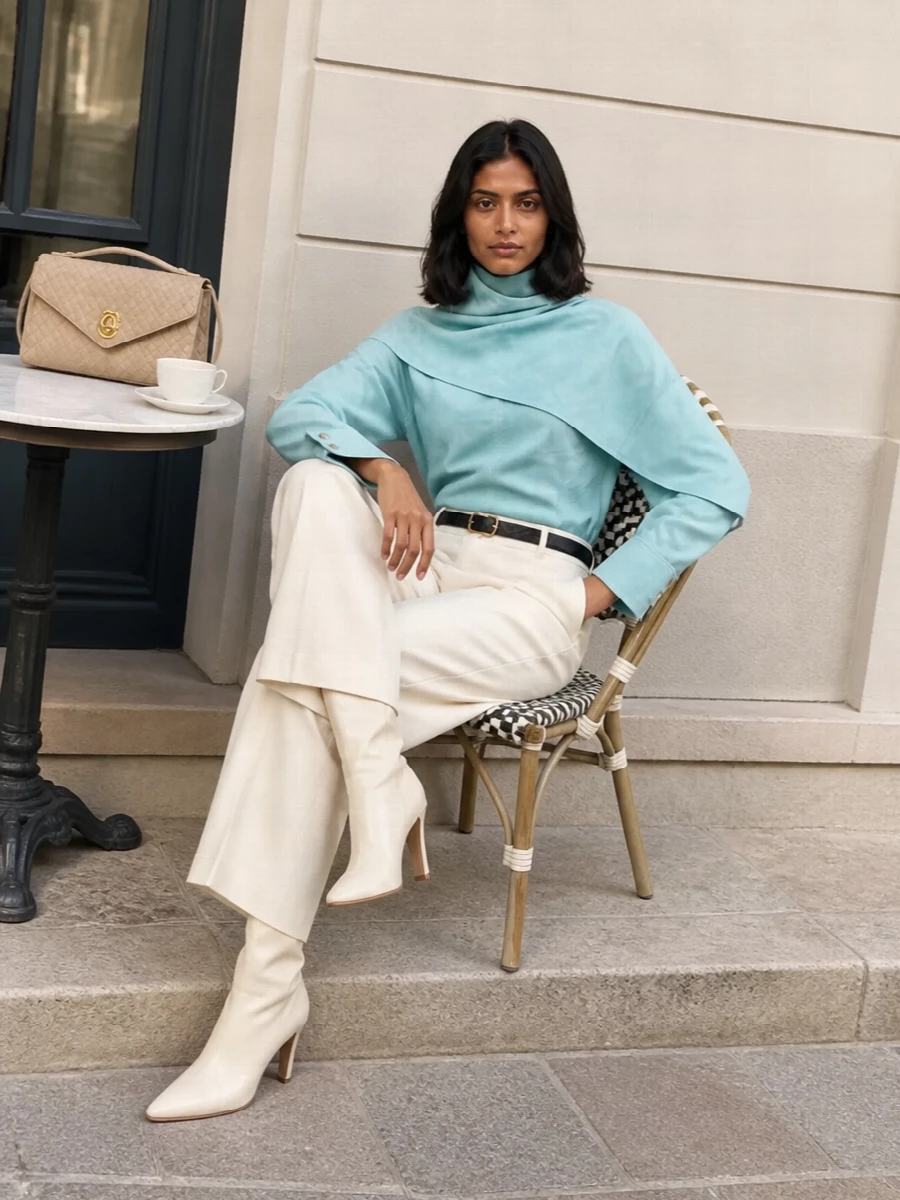 Bottega veneta ice blue top ivory wide leg pants
