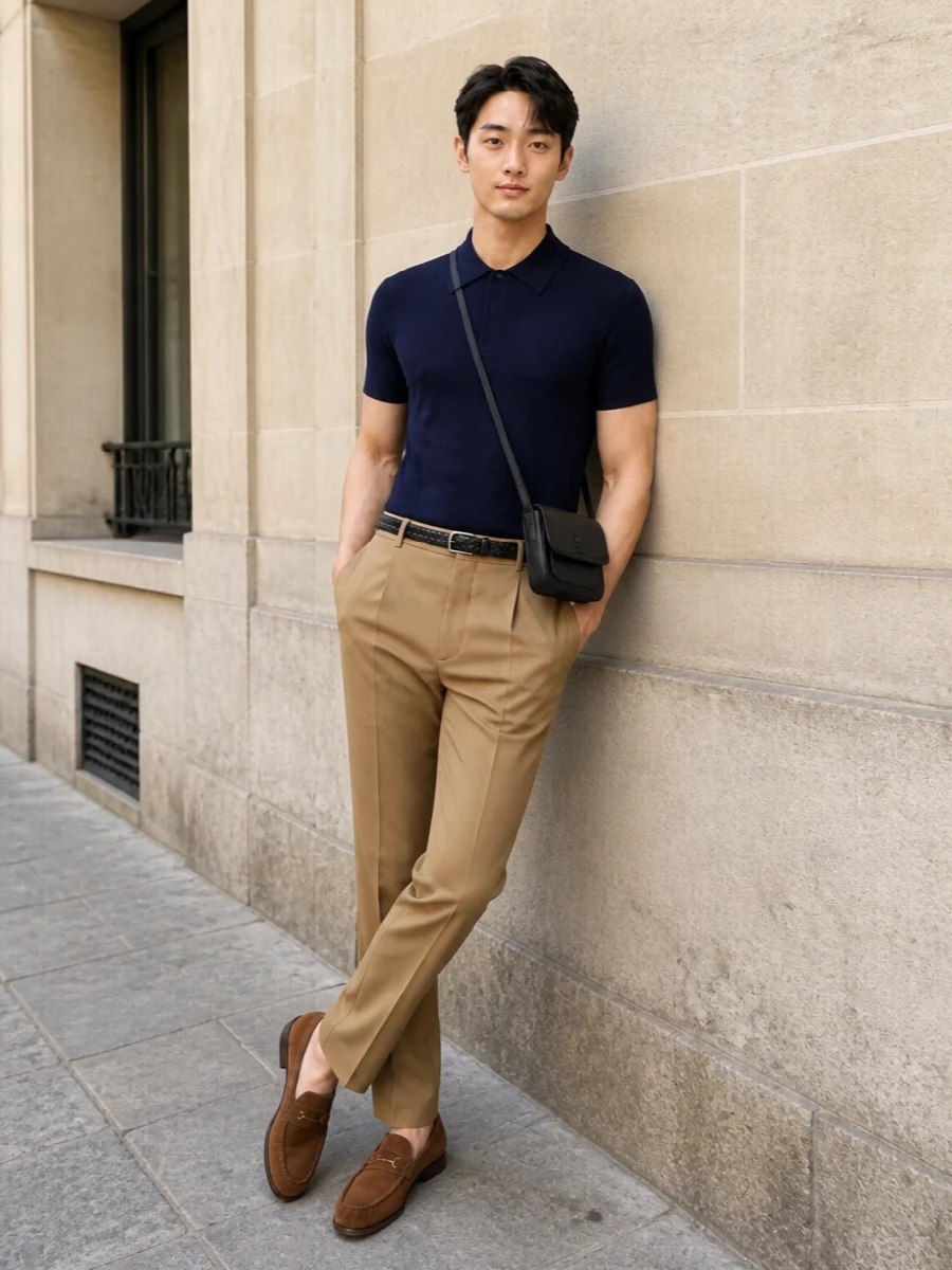 Ink navy knit camel tailoring outfit style