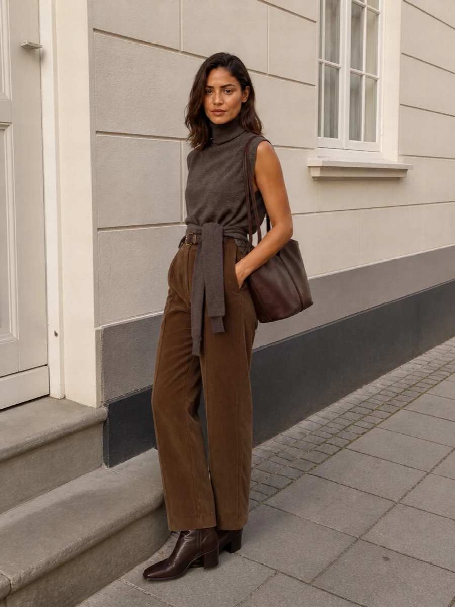 Rohe corduroy trousers sleeveless turtleneck outfit