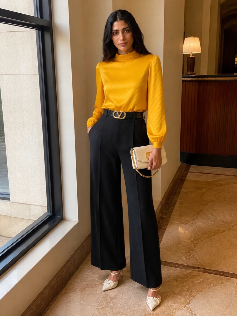 Valentino yellow blouse black wide leg trousers