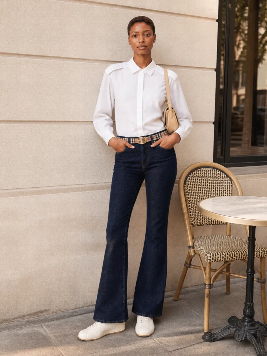 Dark indigo jeans long white shirt outfit