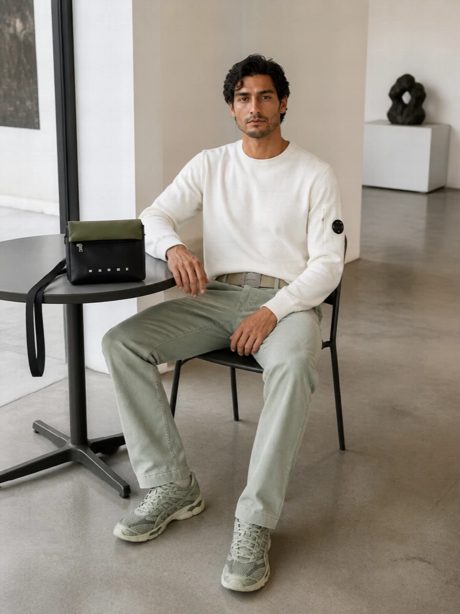 Sage chinos with an off white utility crew create a soft, clean base that keeps the lens detailing front and center without feeling busy. Technical runners in tonal sage extend the palette down to the ground, so the line reads streamlined rather than chopped. An olive and black crossbody plus a sand webbing belt bring in just enough contrast to underline the street-led, functional mood while staying firmly in the minimalist lane.