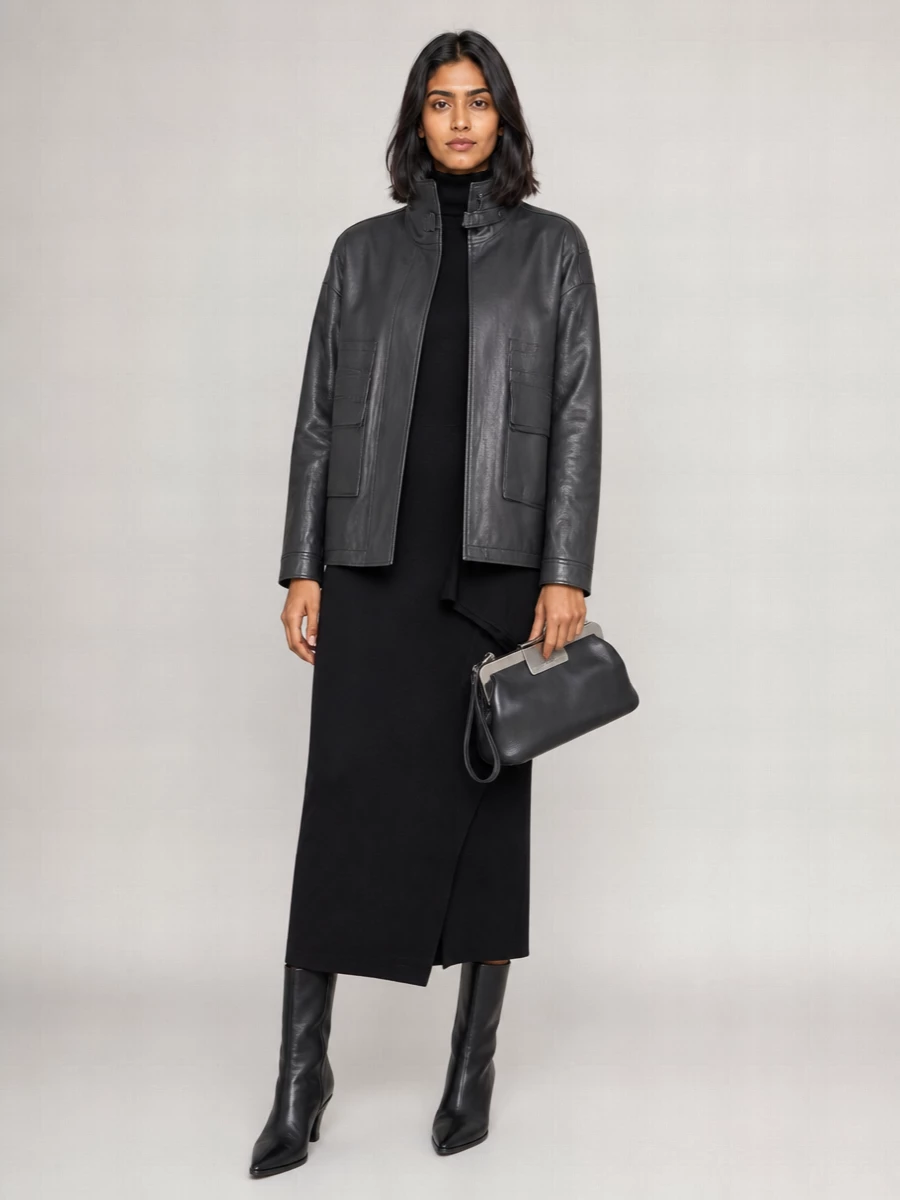 Emporio Armani Lamb Leather High Neck Single Breasted Coat