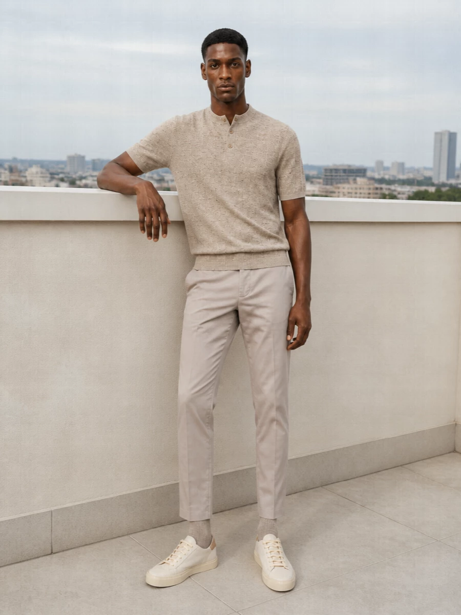 Brunello cucinelli neutral knit outfit sneakers