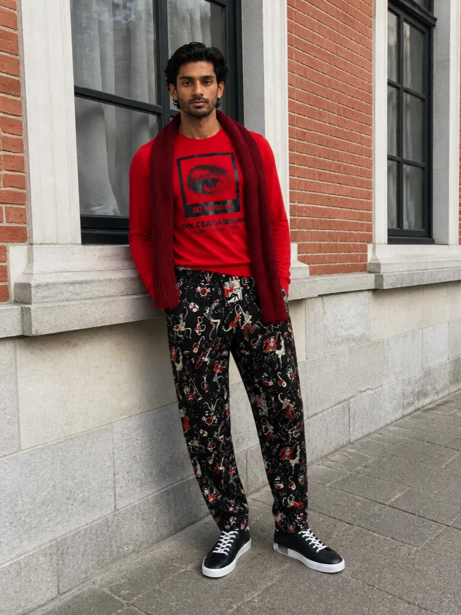 Dolce gabbana red tee black track pants sneakers
