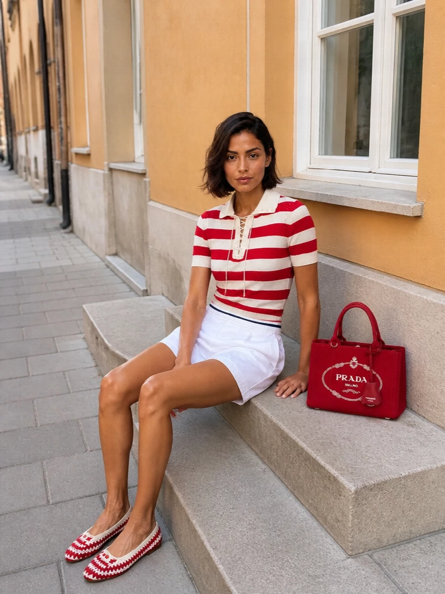 Prada brunello cucinelli red stripe polo outfit