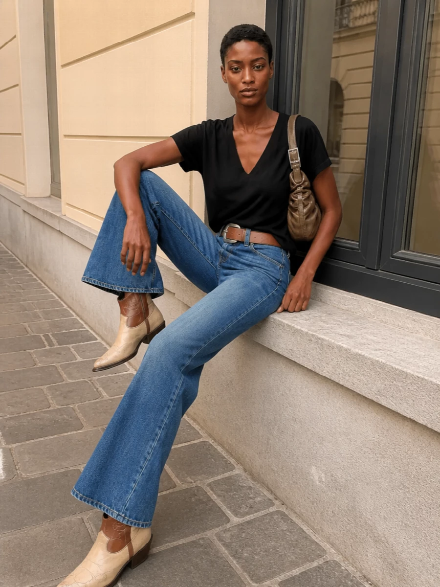 Dondup flared jeans black top cowboy boots