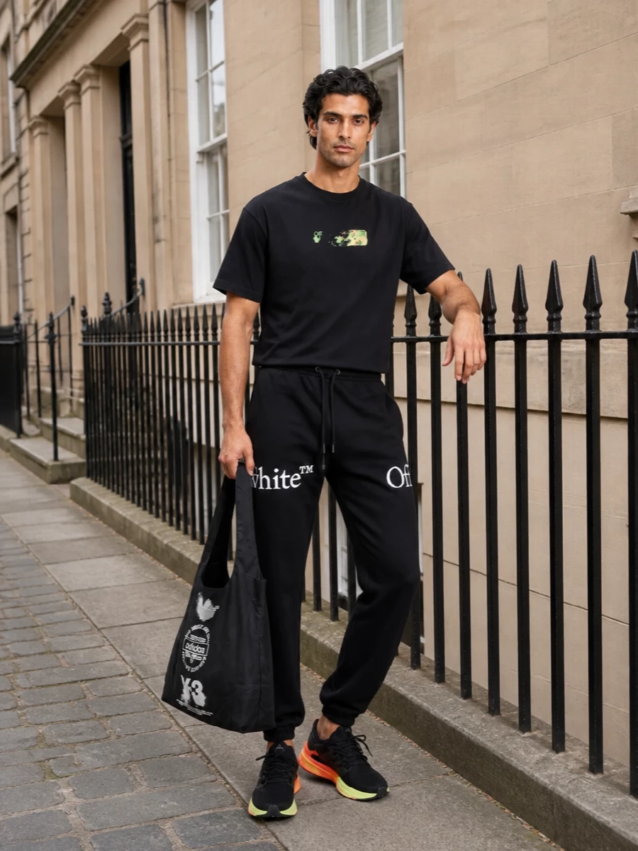Off white black tee joggers neon sneakers