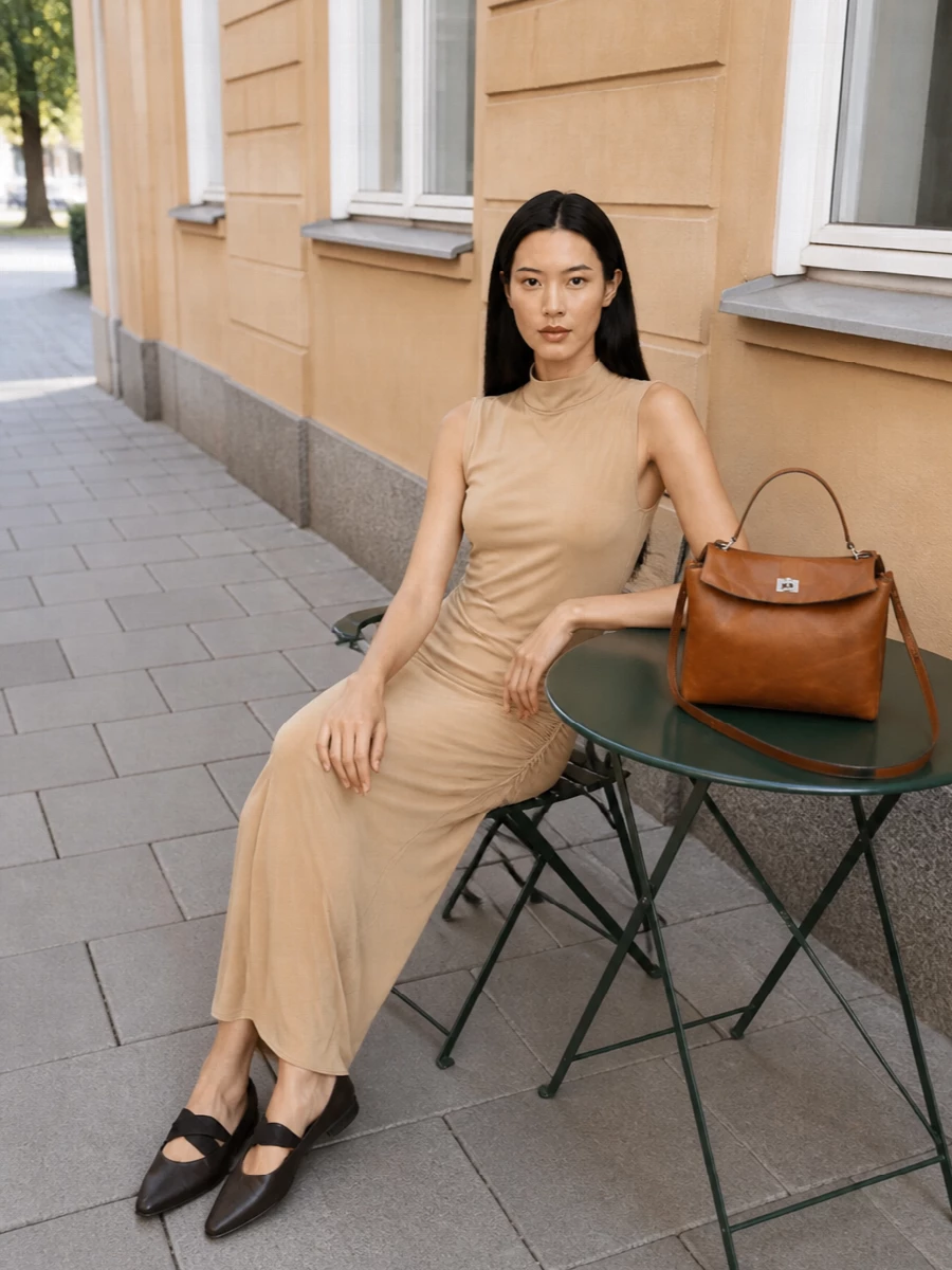The camel draped midi dress and pointed deep-brown flats create a quietly sculpted column in warm neutrals that syncs seamlessly with the structured tan Balenciaga bag. The proportions stay long and fluid, so the bag reads as a considered accent rather than an afterthought. Choosing the dress path keeps the story minimal and focused, perfect for warm-city dinners or gallery evenings where subtle movement does the talking.