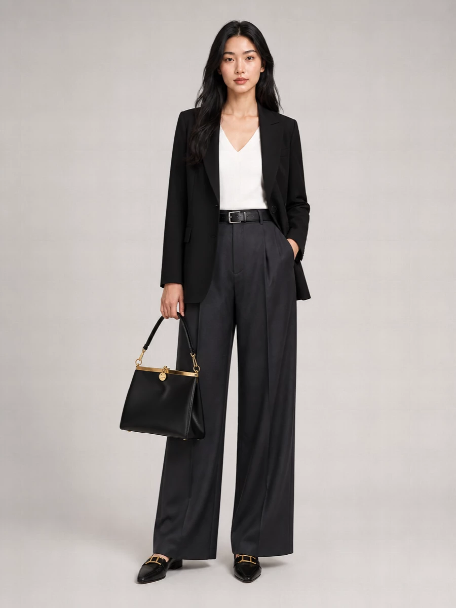 Charcoal wide-leg tailoring meets a clean black blazer for a restrained, monochrome suit that reads decisive yet understated. A pointed black loafer and structured top-handle bag keep the line elongated and polished, while a slim black belt quietly sharpens the high-rise waist. It is a precise, desk-to-dinner uniform for someone who prefers authority in a low voice.