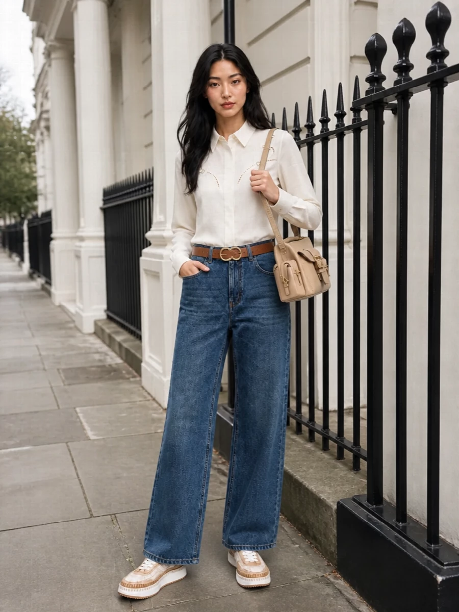 Chloe wide leg jeans ivory shirt sneakers