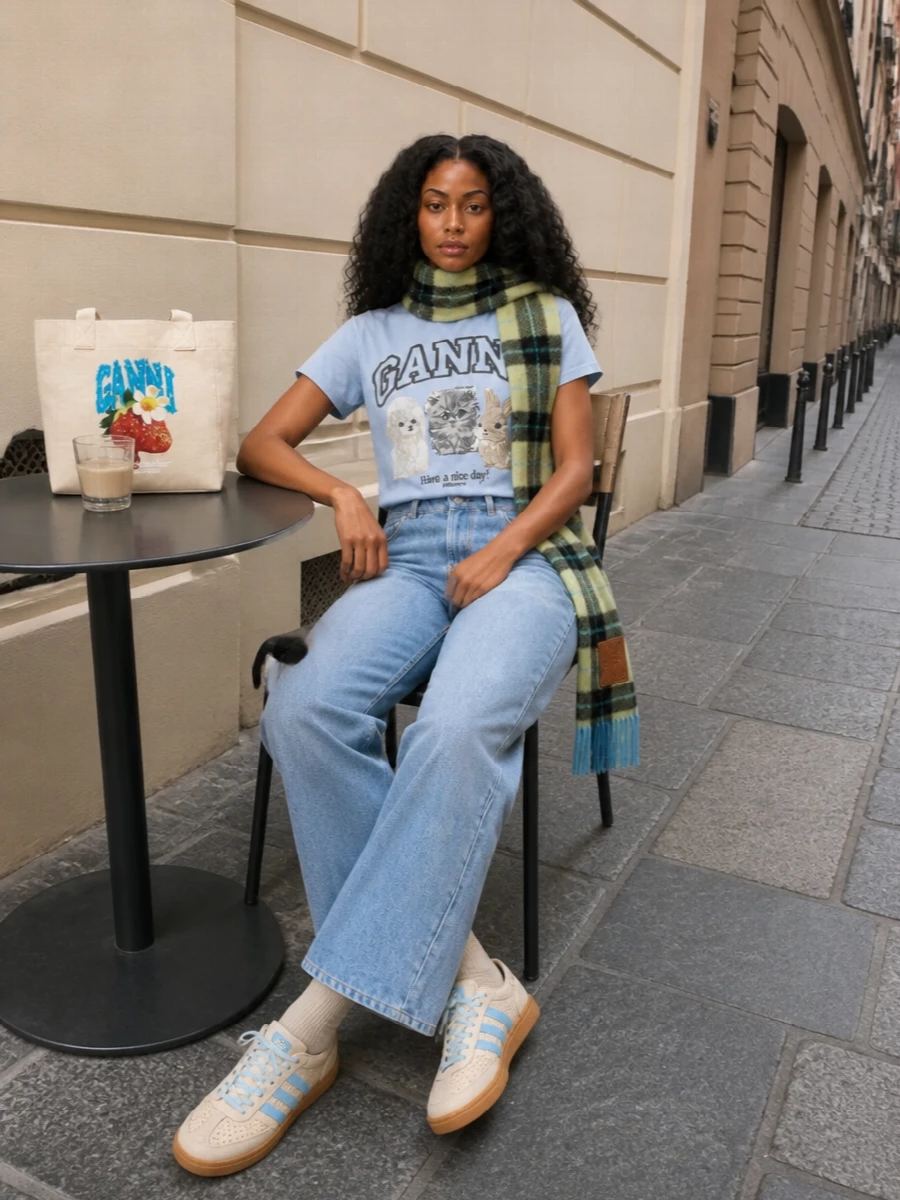 Ganni pastel tee wide leg jeans outfit
