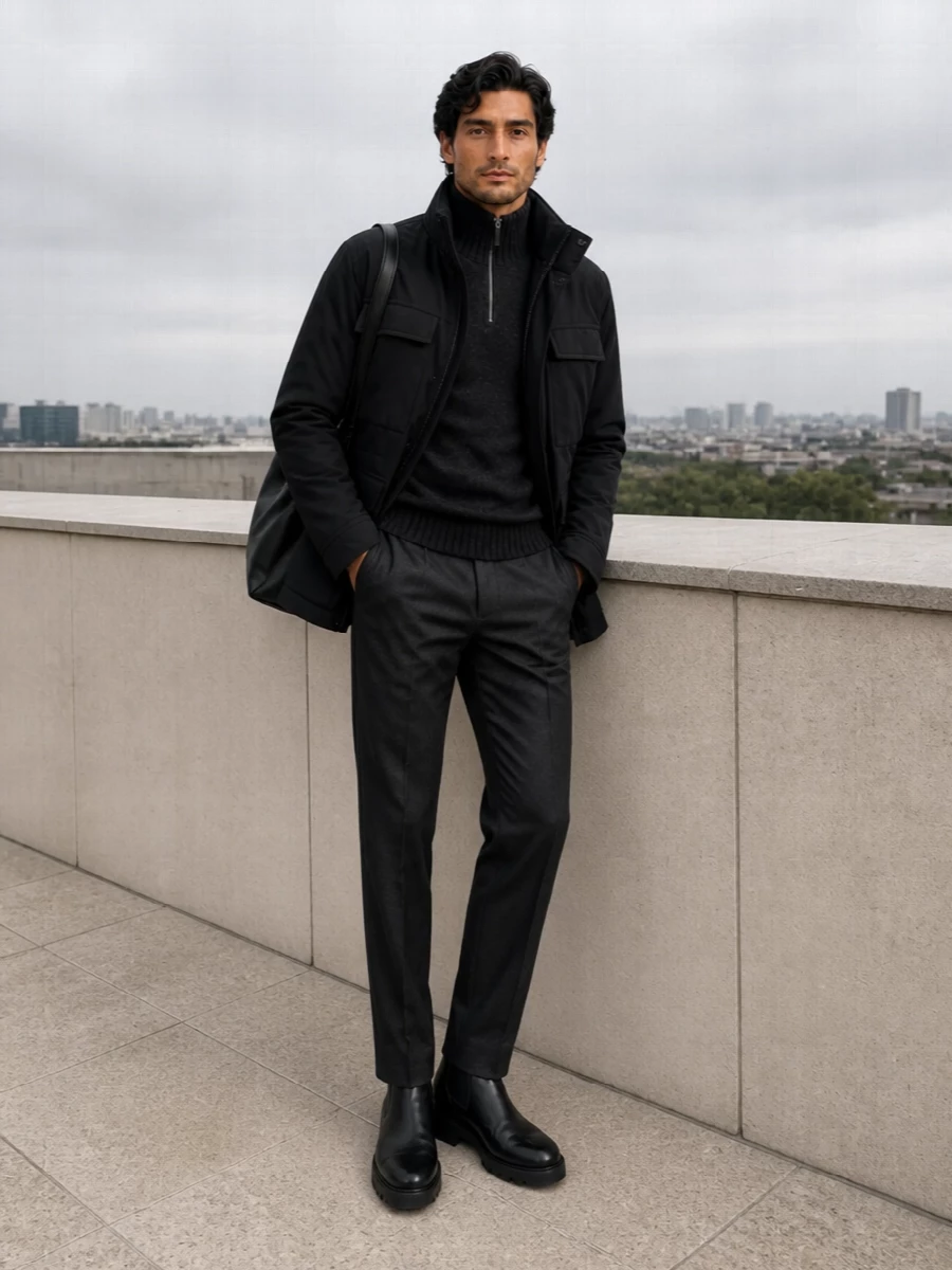 Ferragamo parka prada trousers chelsea boots