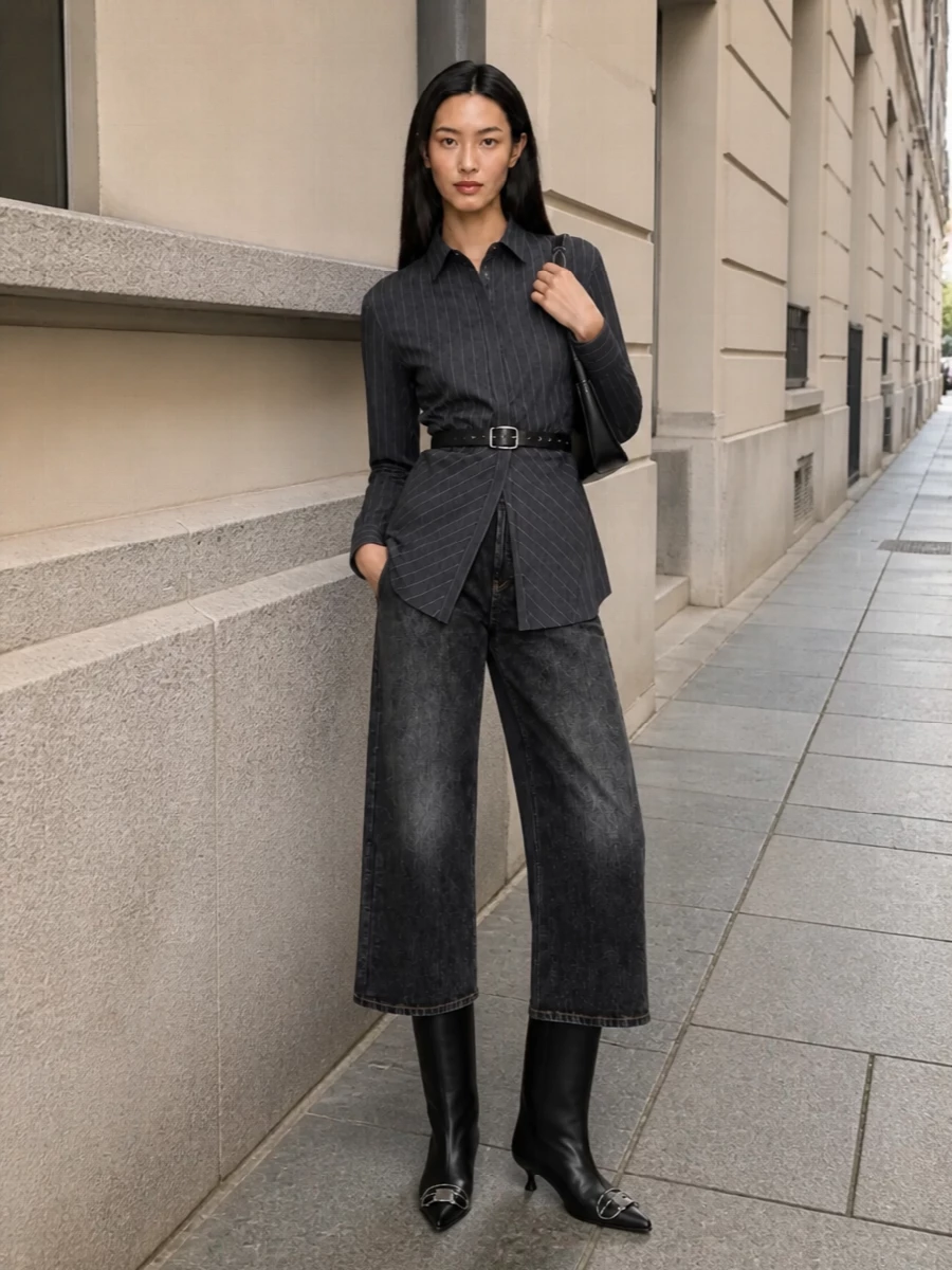 Dondup charcoal jeans pinstripe shirt boots