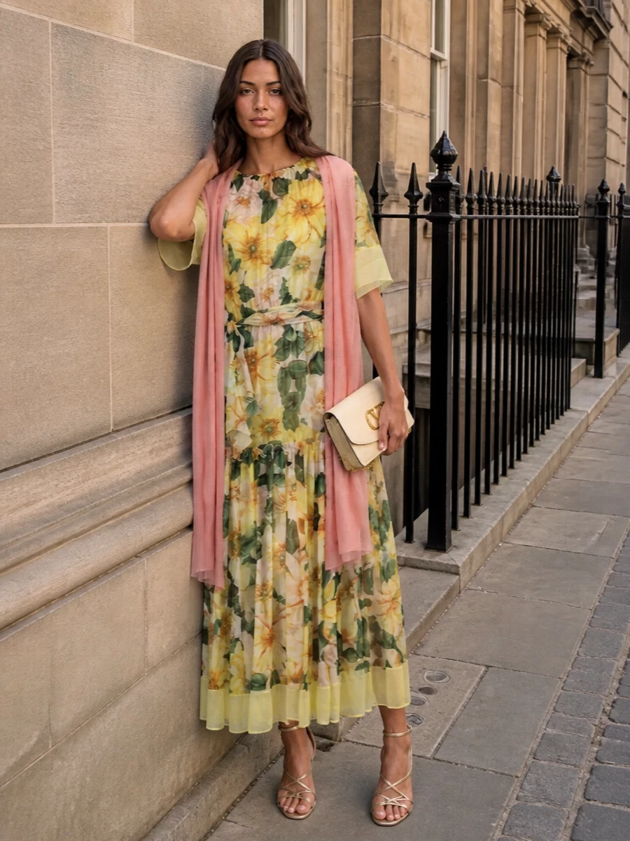 A sunlit garden-party ensemble that lets the floral Dolce&Gabbana maxi float, anchored by barely there champagne straps at the heel. The buttercream clutch and blush-toned wrap keep the palette soft and luminous, so the dress reads as polished yet romantic for outdoor weddings and summer celebrations.
