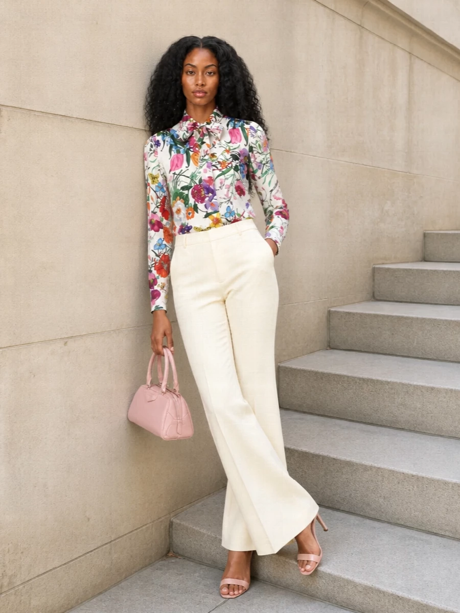 Gucci’s floral blouse is balanced with clean buttercream tailoring, letting the print read refined rather than busy. Blush heels and a sculpted blush bag pick up the softer tones in the pattern for a harmonious, romantic finish. The result is polished enough for daytime engagements and easily strong enough for gallery evenings or drinks.