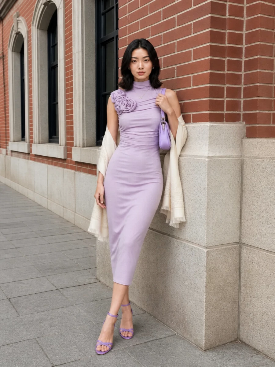 Magda butrym lavender dress lilac heels clutch