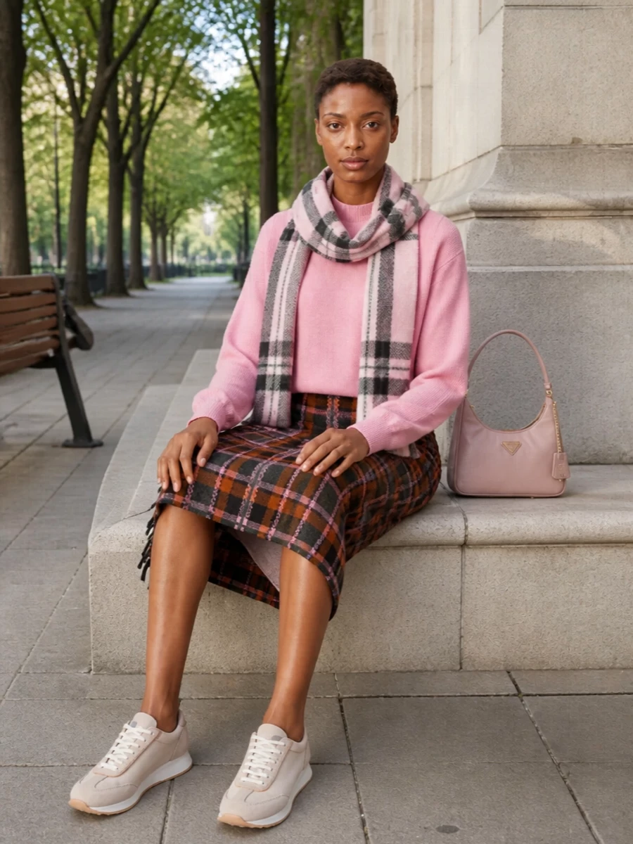 Guest in residence pink sweater plaid skirt outfit