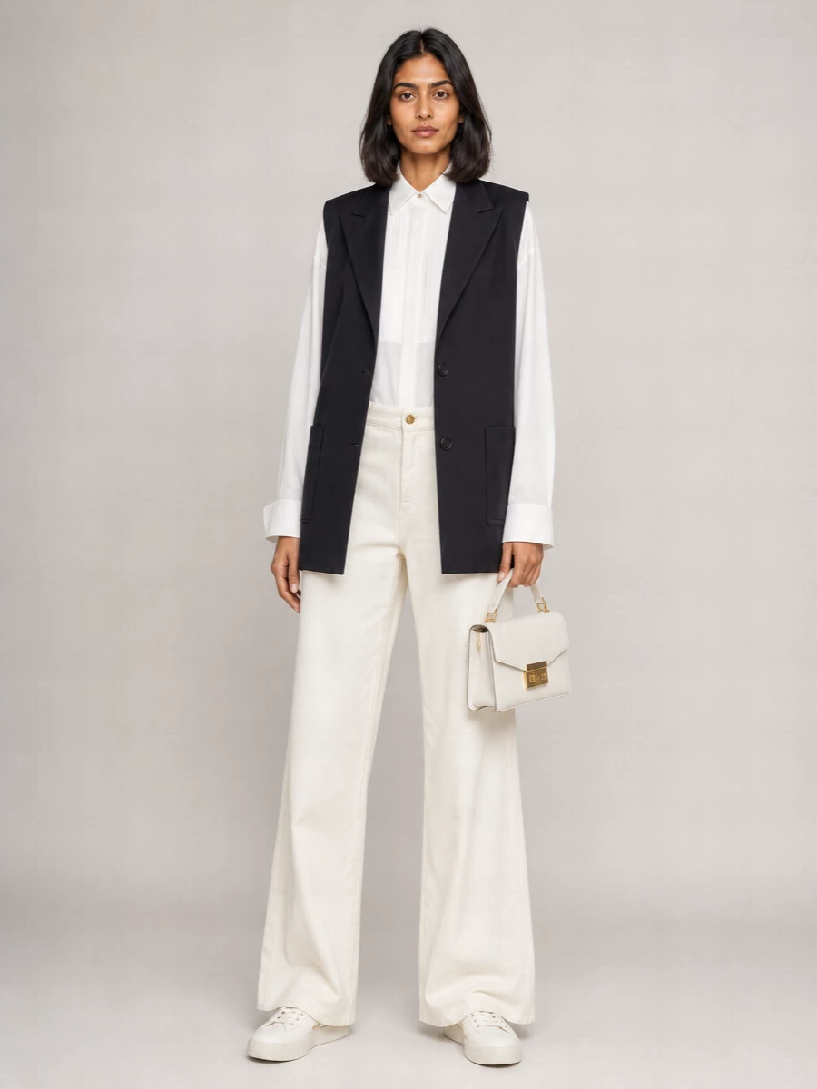 I chose the tailored shirt and trouser route rather than a dress so the Golden Goose vest can sit in its natural habitat, as the structured anchor of a relaxed suit. The soft-white tuxedo shirt and creamy wide-leg trouser create a light, elongating column under the dark navy, while the clean sneakers and structured mini bag keep it polished without stiffness. It is an easy city-uniform for warm days when you still want sharp lines and a quiet, considered finish.