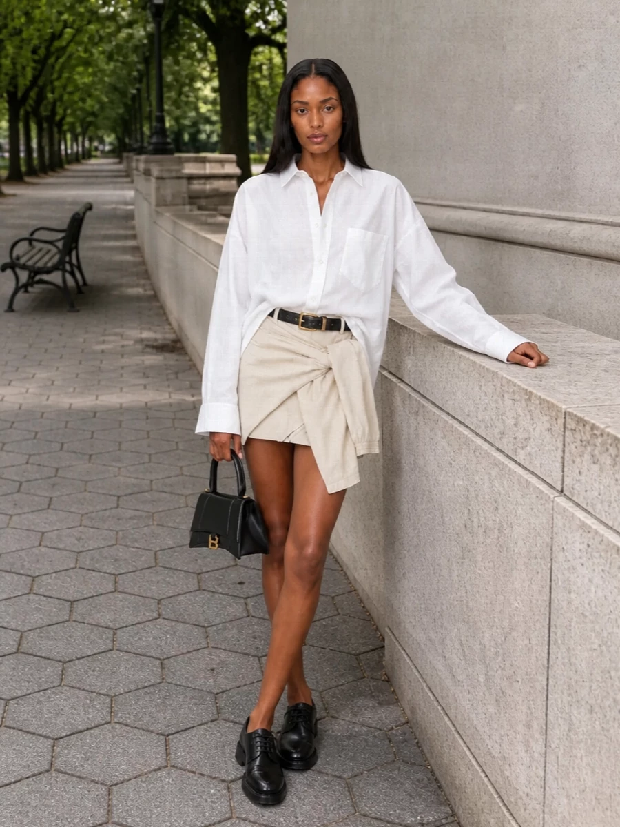 Balenciaga wrap shorts white shirt derbies