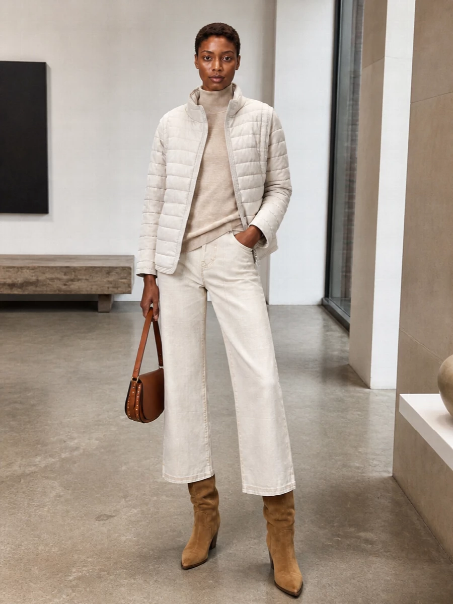 This is a soft, tonal winter ensemble built around the off‑white padded jacket, with beige knit and ivory wide‑leg trousers creating a long, uninterrupted line. Camel suede boots and a cognac saddle bag introduce just enough contrast and texture, keeping the mood quietly luxurious and city ready without tipping into formality. I chose the knit‑and‑trouser route over a dress so the puffer’s architectural shape could play against a fluid wide leg for a more modern daywear silhouette.