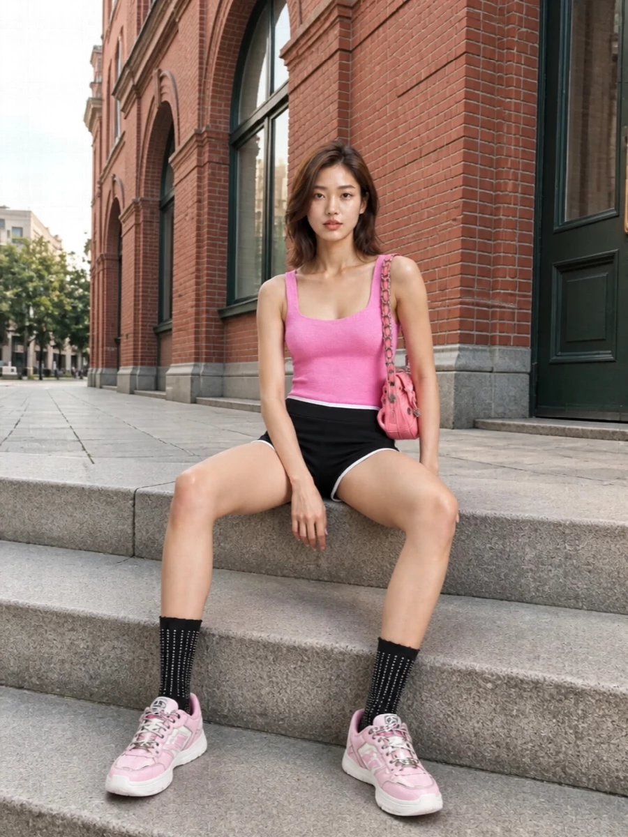 Bubblegum Hunza G meets Courrèges track-short energy, then gets grounded with chunky Balenciaga sneakers for a city-ready take on swim-as-outfit. The Balenciaga shoulder bag and crystal-detailed socks keep it firmly in glossy Y2K territory without tipping into costume. It feels playful, athletic and confident, perfect from daytime wandering to rooftop drinks when the sun drops but the party keeps going.