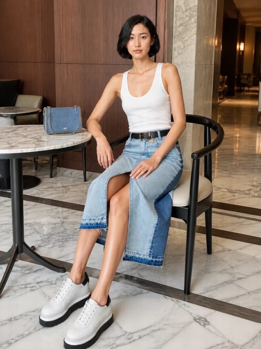 A high-waisted paneled denim skirt meets a clean white tank for a sharp, easy silhouette that feels very city daytime. Chunky platform sneakers add height and a graphic base, while the cornflower mini bag and slim belt pull the blues and blacks together for a quietly intentional finish. The result is modern, streamlined and relaxed enough for all-day wear without losing edge.