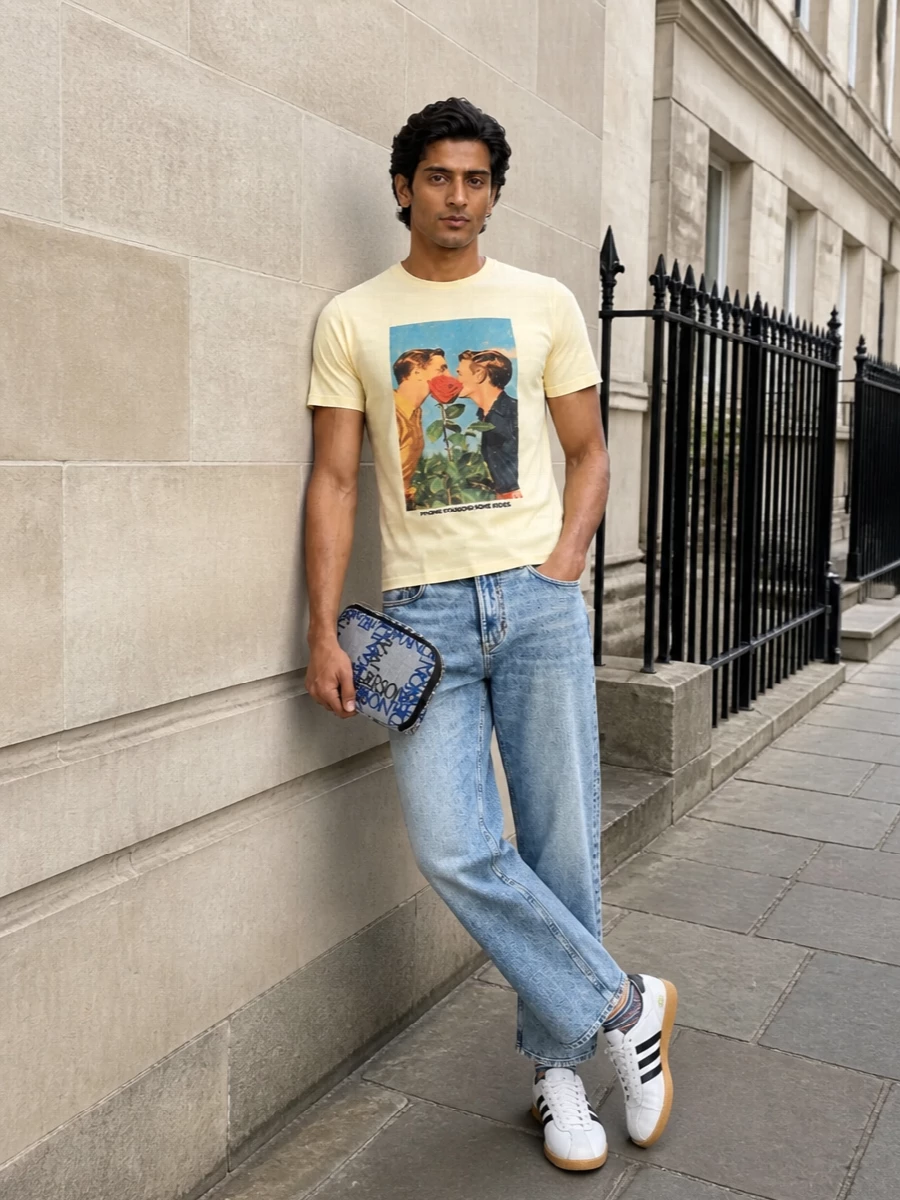 Jw anderson graphic tee light wash jeans adidas