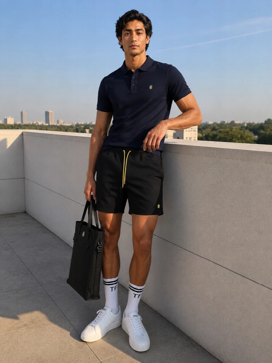 Celine navy polo black shorts white sneakers