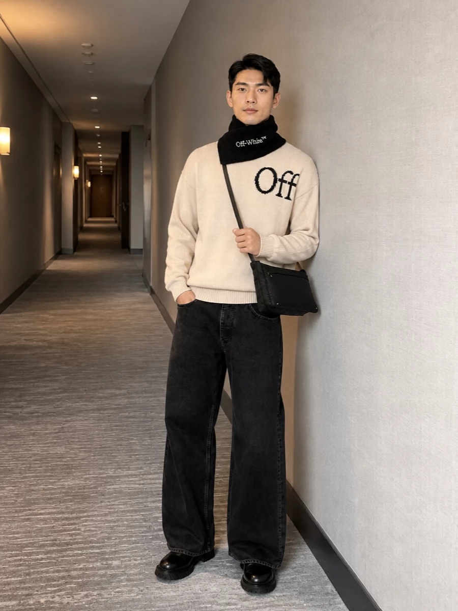 Off white cream sweater black wide leg jeans outfit