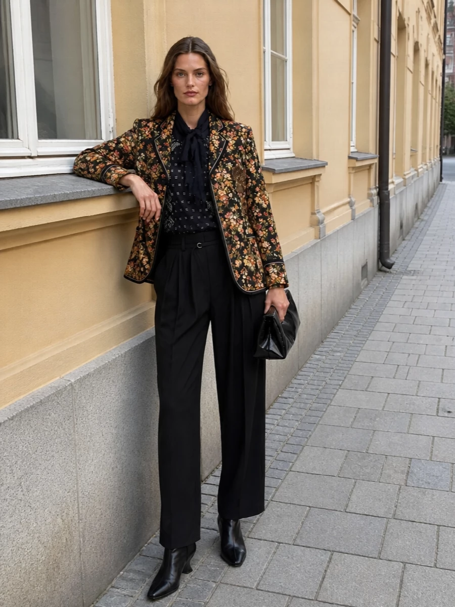I am building around the coat as the hero, so I am choosing top and trouser rather than a dress to avoid print-on-print overload and keep the Dries universe intact. The sheer crystal blouse, precise black pleated trouser and sculptural ankle boots create a long, dark column that lets the floral jacket and brooch feel like couture armor. A glossy black clutch finishes with a sleek, considered shine, perfect for art openings and winter dinners in the city.