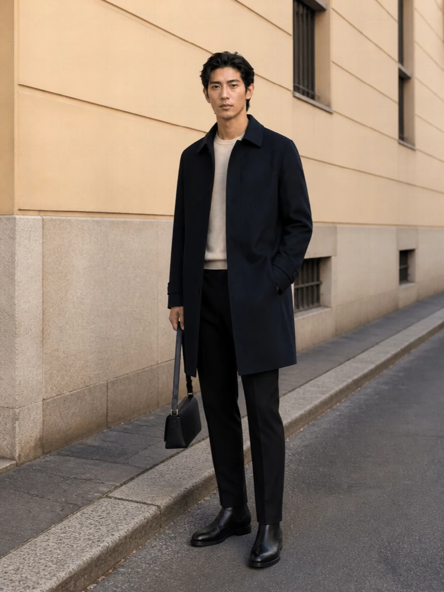 Lardini navy coat cream sweater chelsea boots