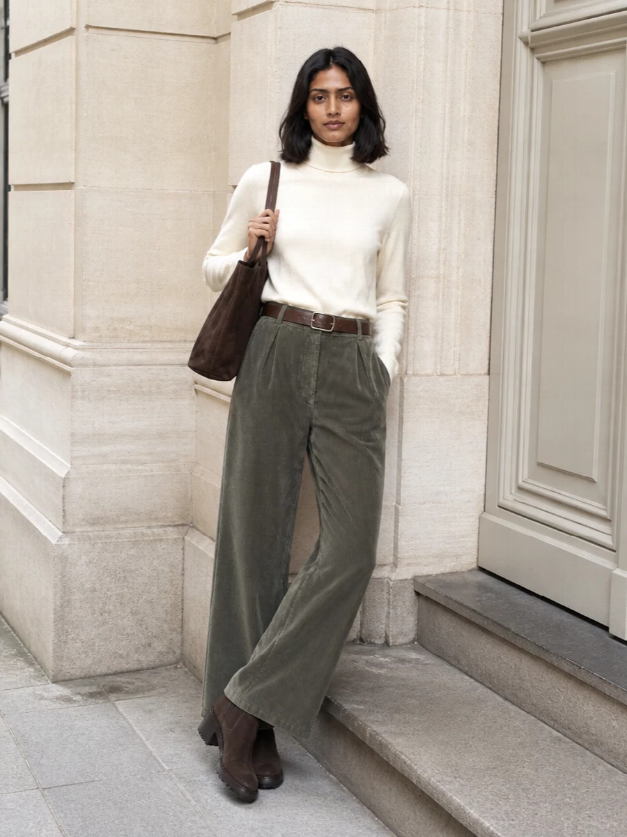 The row olive wide leg trousers cream turtleneck