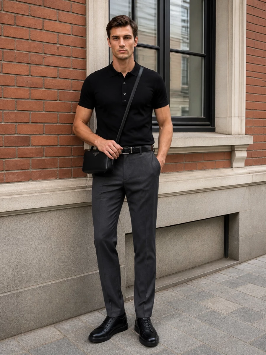 Lardini black polo charcoal trousers prada bag