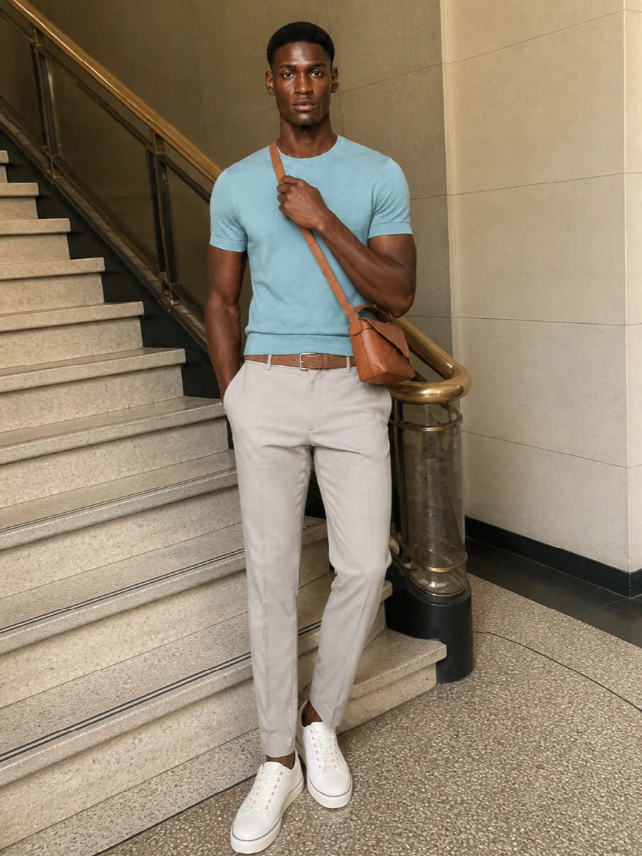 Dusty blue knit meets stone-beige tailoring for a calm, precise warm-weather outfit that works from city afternoons to understated dinners. Off-white sneakers keep the line relaxed but still refined, while tan leather accents at the waist and shoulder bring a gentle warmth that feels considered rather than showy. The result is clean, tonal dressing with just enough contrast to feel intentional and modern.