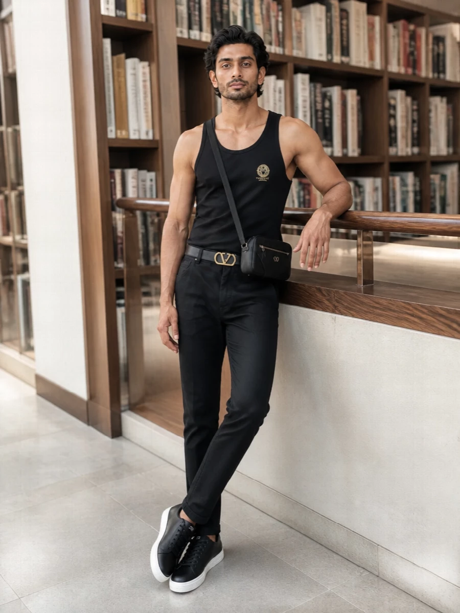 Versace mens black tank black jeans outfit