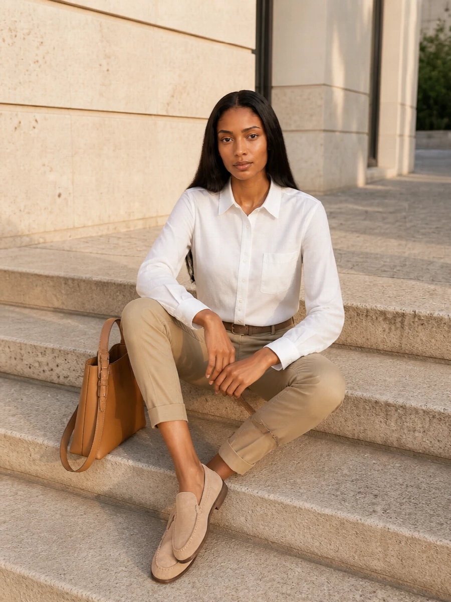 Etro beige trousers white shirt outfit