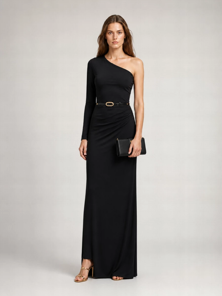 Elisabetta Franchi One-Shoulder Draped Cutout Gown