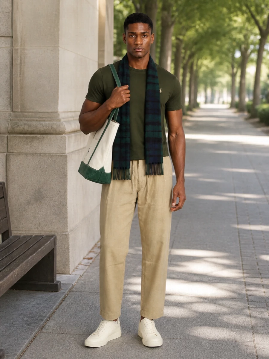 Polo ralph lauren olive tee sand trousers outfit