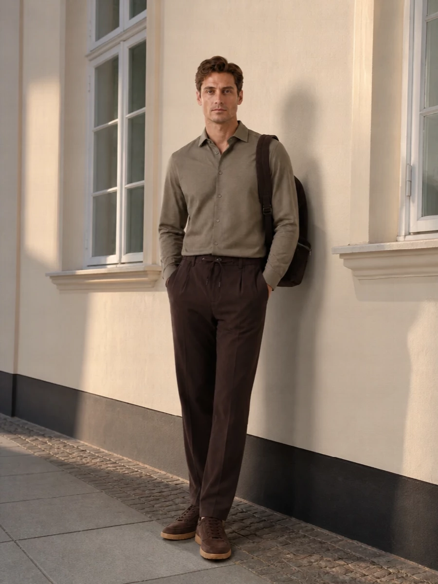 Zegna shirt brown drawstring trousers tods sneakers