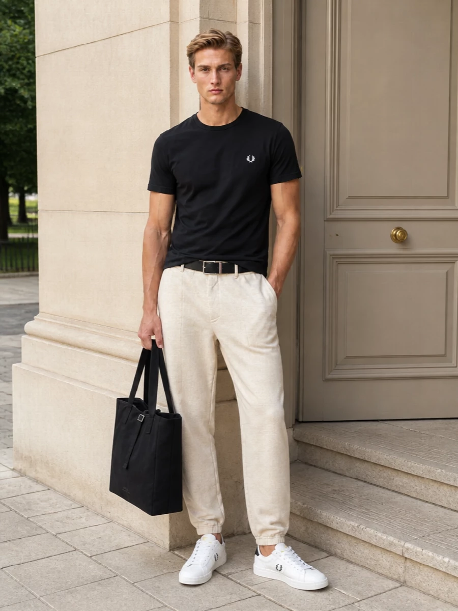 Fred perry black tee cream track pants outfit