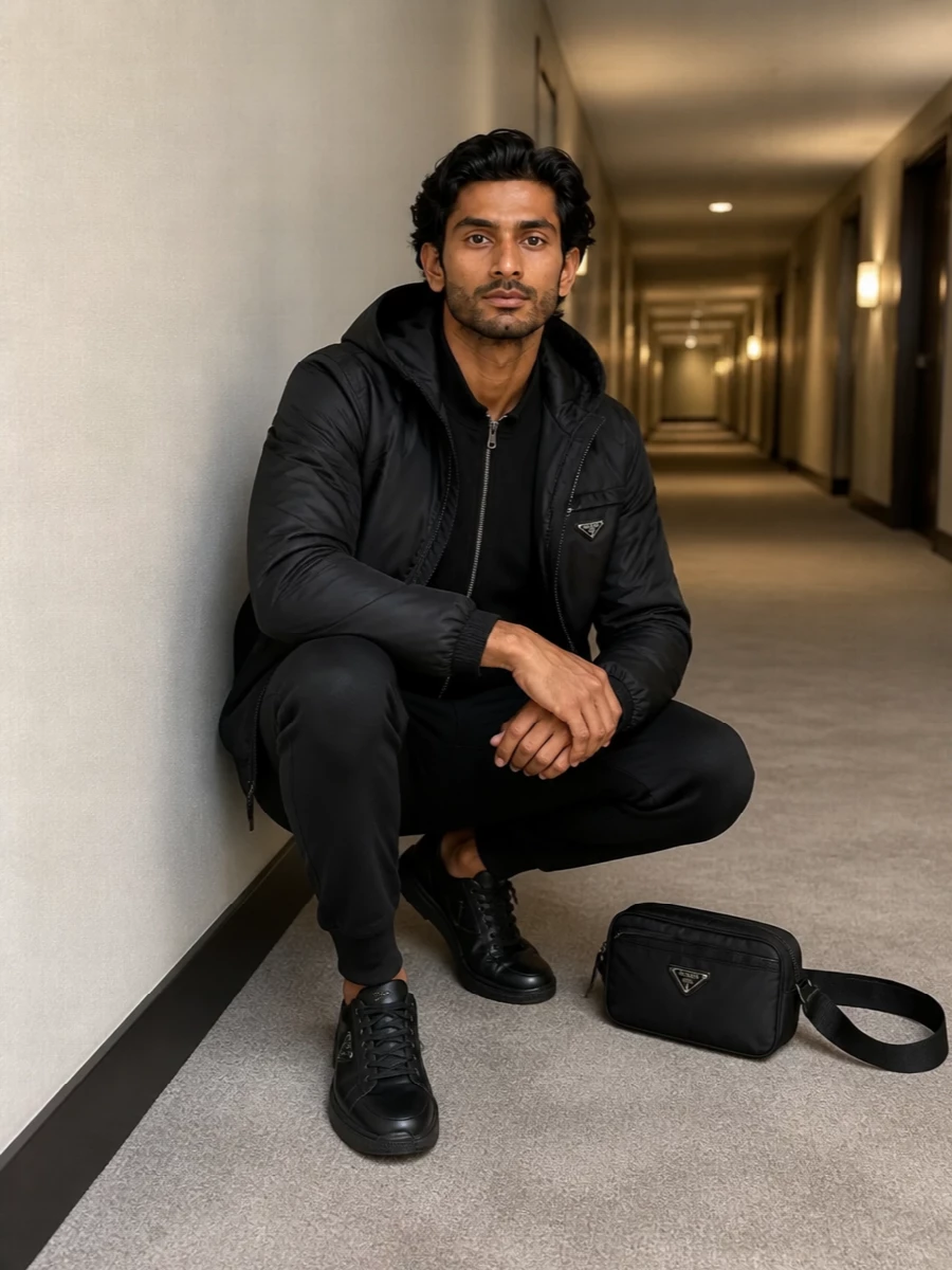 Prada black padded jacket joggers sneakers
