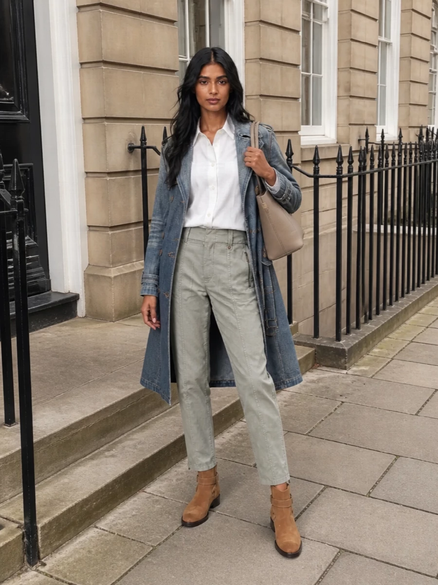 I am keeping this about sharp, relaxed city tailoring rather than adding a second trench element, so I skipped the dresses and built around shirt and trousers. The denim Burberry trench stays hero, grounded by a crisp white shirt, utility-inflected sage trouser and camel suede boots for a quietly structured, off-duty-uniform feel. The taupe top-handle ties the neutrals together, keeping the whole outfit in that high-end, easy weekday rhythm.