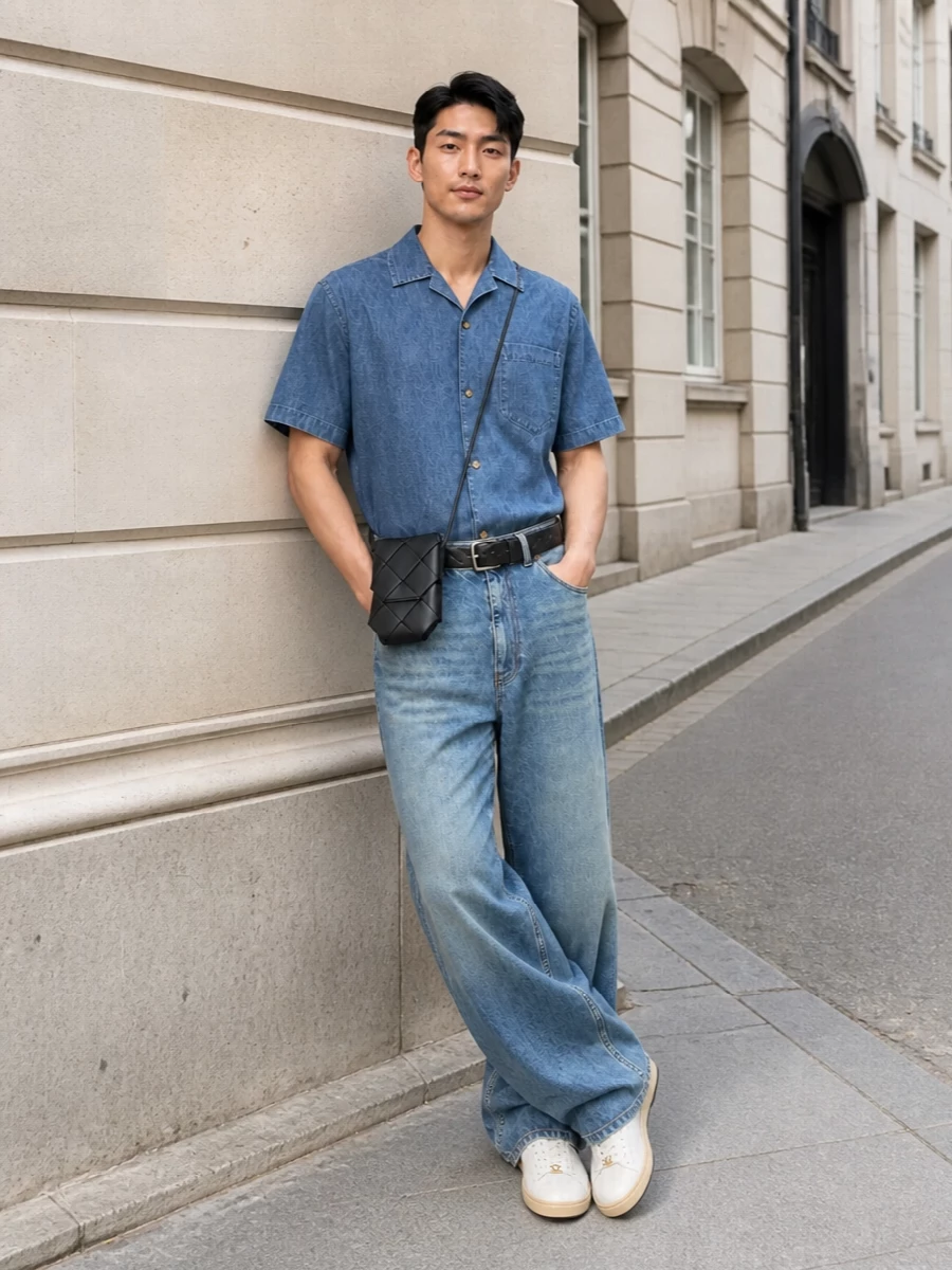 Valentino wide leg denim chambray shirt outfit