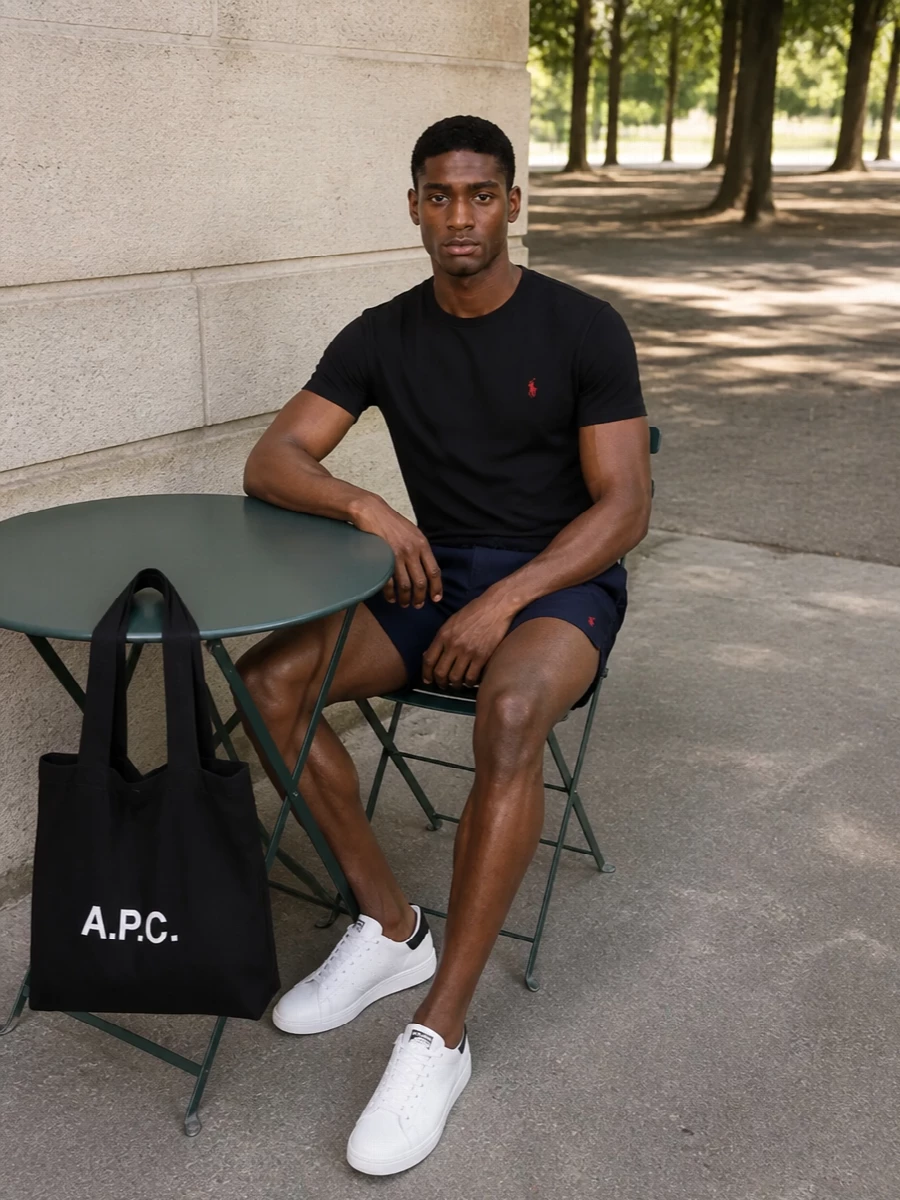 A black Ralph Lauren tee meets navy Polo swim shorts for a sharp, collegiate color story grounded in red accents. Clean white court sneakers and a black A.P.C. tote keep the outfit minimal, relaxed and ready for anything from city errands to a weekend by the water. It is sporty, precise and quietly confident without feeling over-styled.